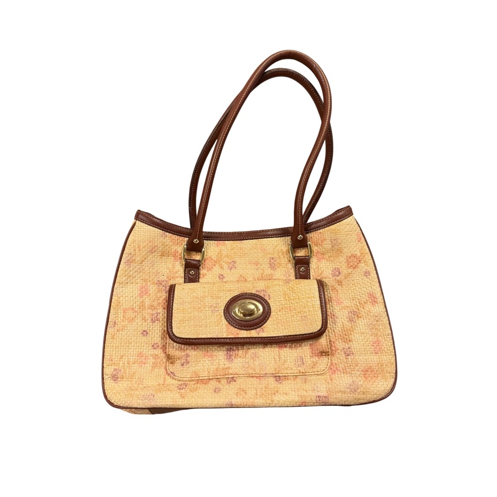 Etienne Aigner Shoulder Bag Womens OS Tan Pink Floral Straw Woven Turnlock